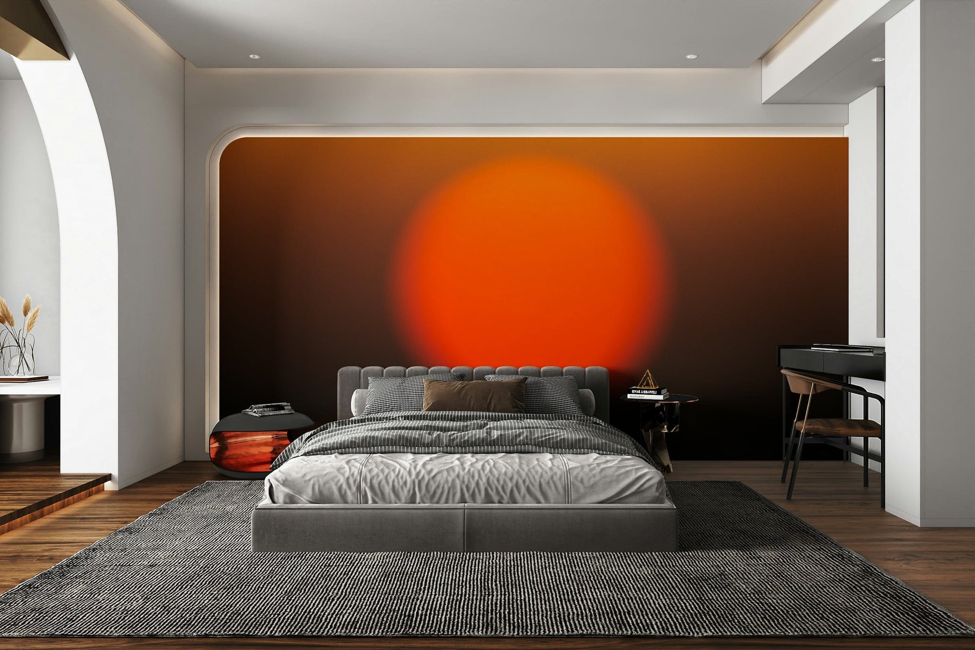A beautiful abstract photo of a blurred orange sun setting over a dark horizon.