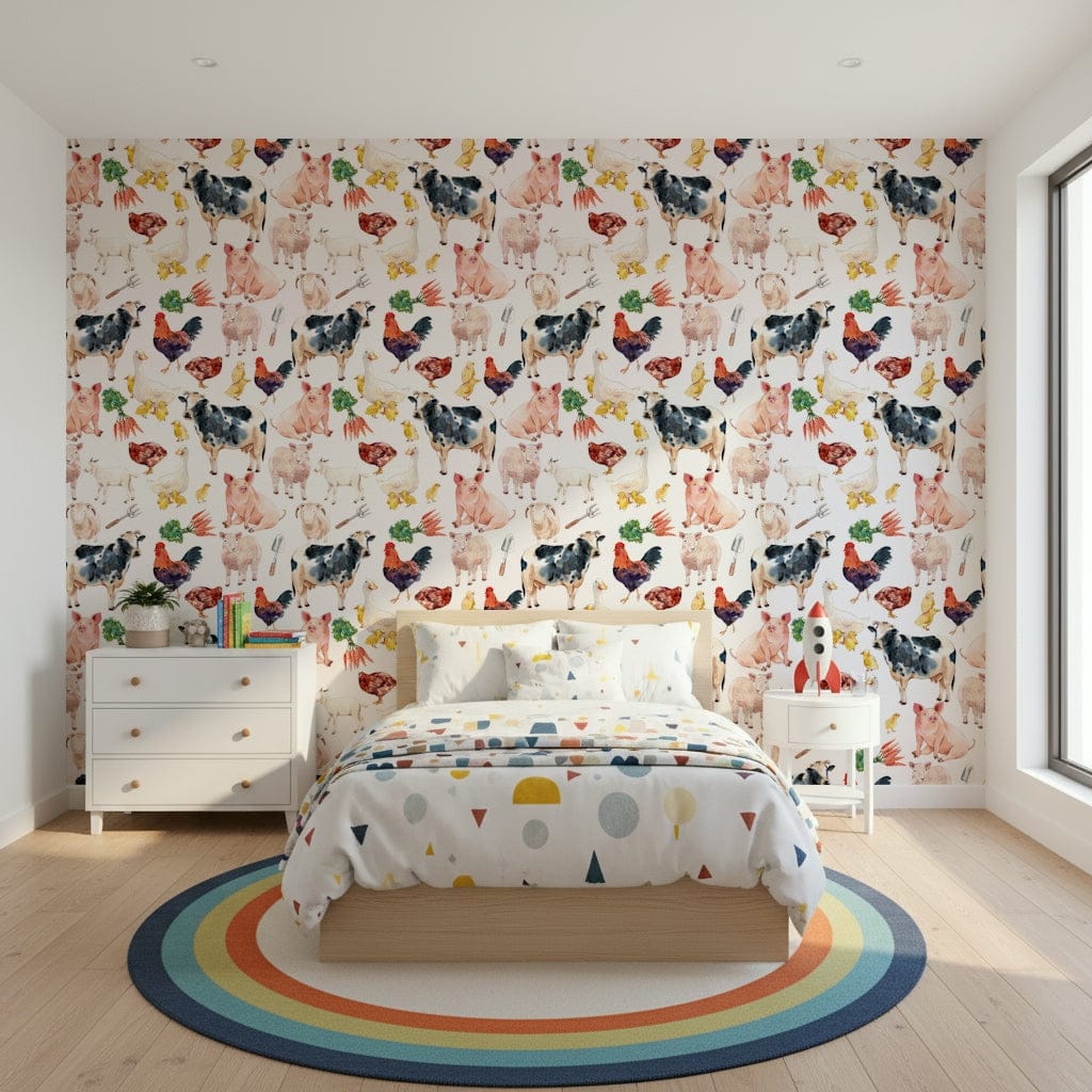 Playful Farmyard Friends farm animals art, ideal as nursery room wall covering.