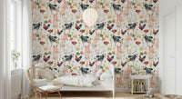 Watercolor animals like a rooster and goat on Farmyard Friends removable wallpaper.