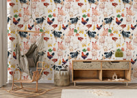 Farmyard Friends wallpaper features a watercolor cow, pig, and chicken print.