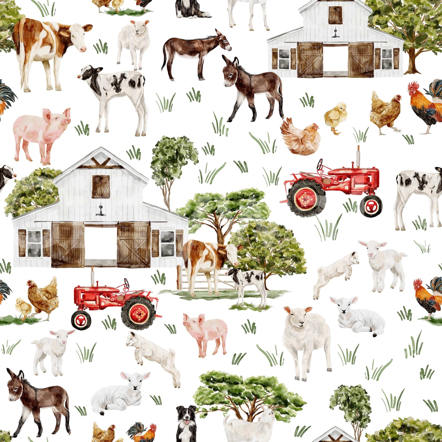 Peel and stick Watercolor Farm Life wallpaper playful farm creatures.
