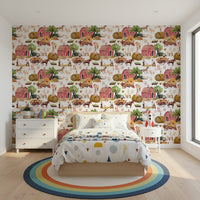 Country animals pattern peel and stick wallpaper Farm Life Watercolor.