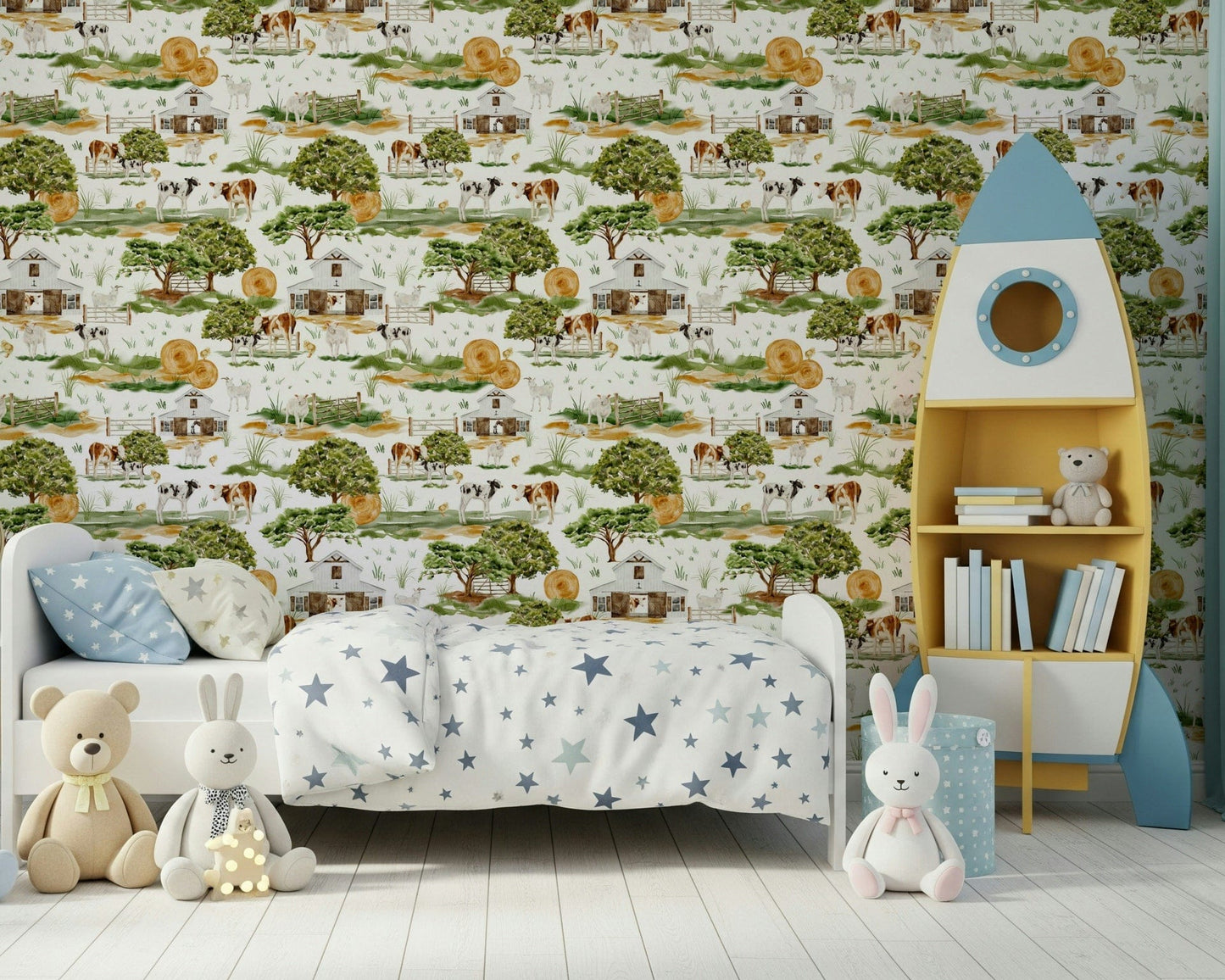 Cozy Farmhouse Charm wall mural white barns livestock