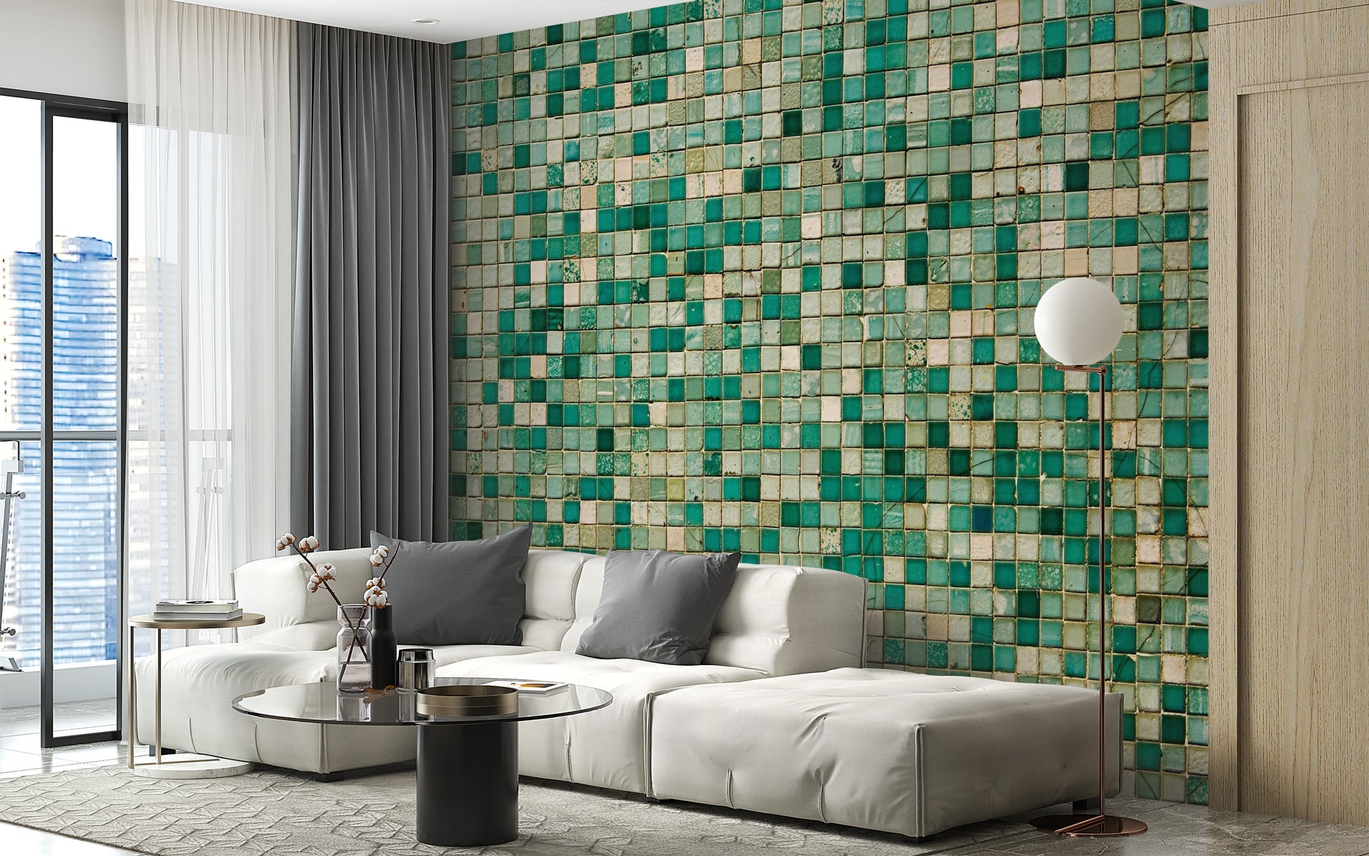 Modern glass faux mosaic wallpaper mural with shimmering teal accents.