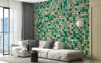 Modern glass faux mosaic wallpaper mural with shimmering teal accents.