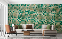Earthy terracotta wall mural with a rustic hand-laid tile appearance.