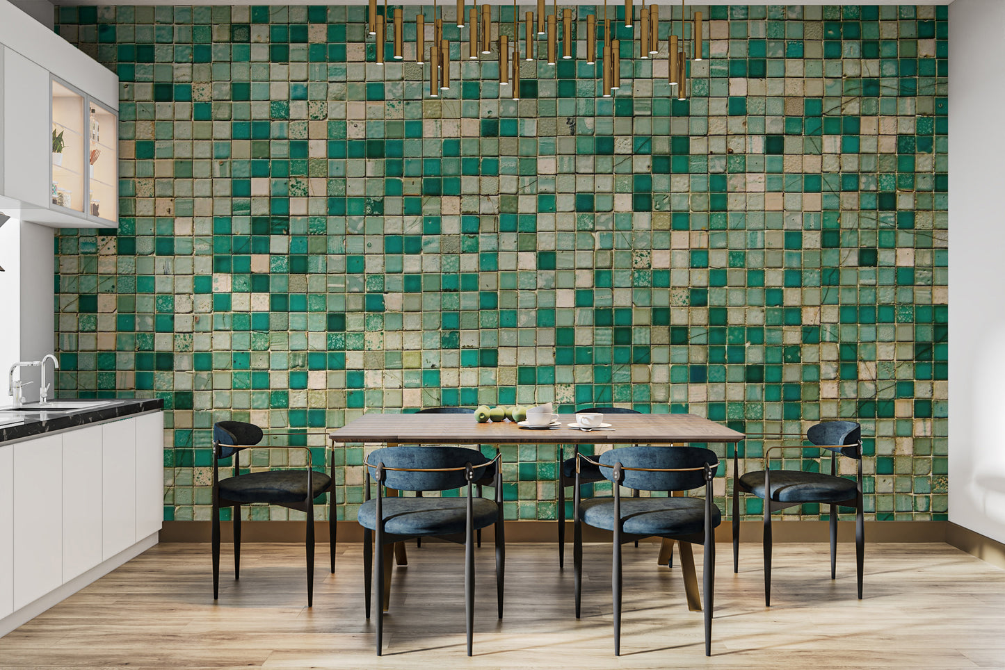 Neutral stone tile wall mural featuring a traditional geometric layout.