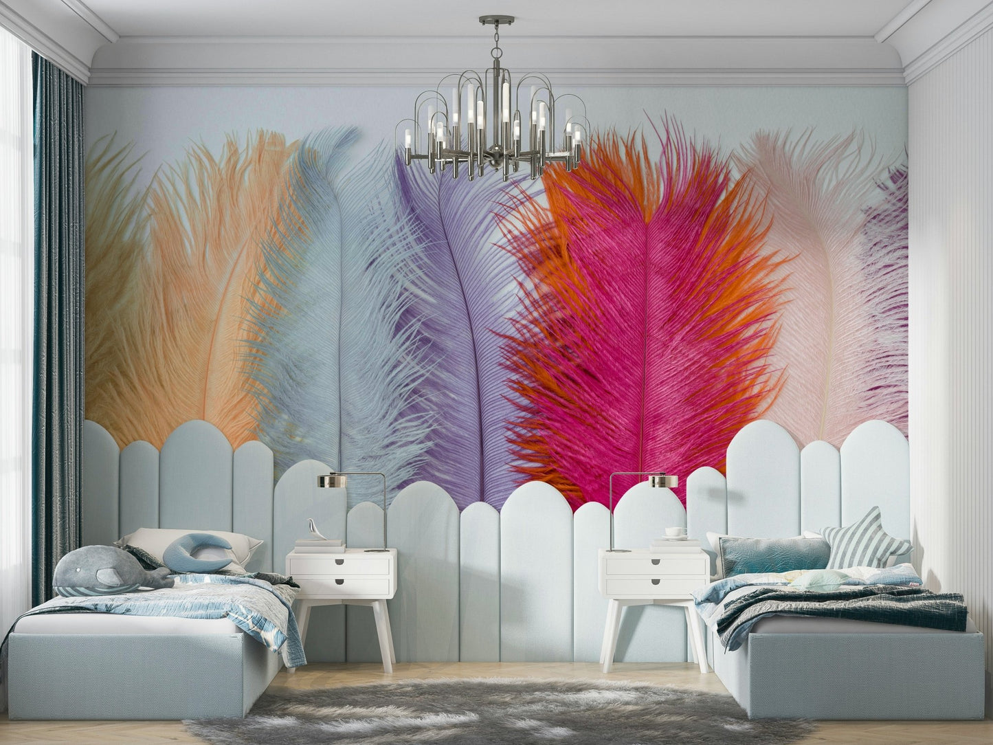 Delicate pastel feathers in a wall mural design


