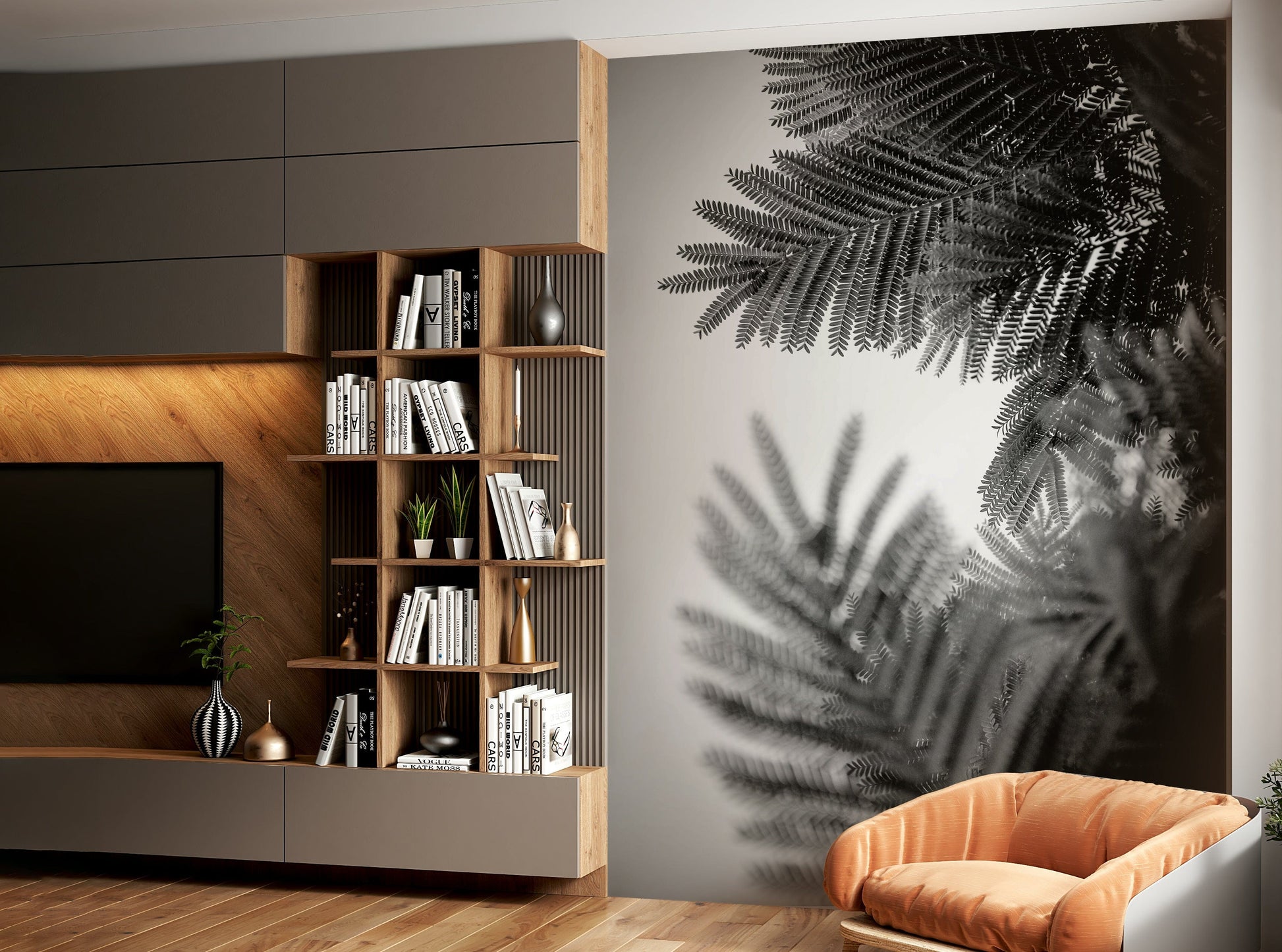 A calming modern design wallpaper mural that defines a space.

