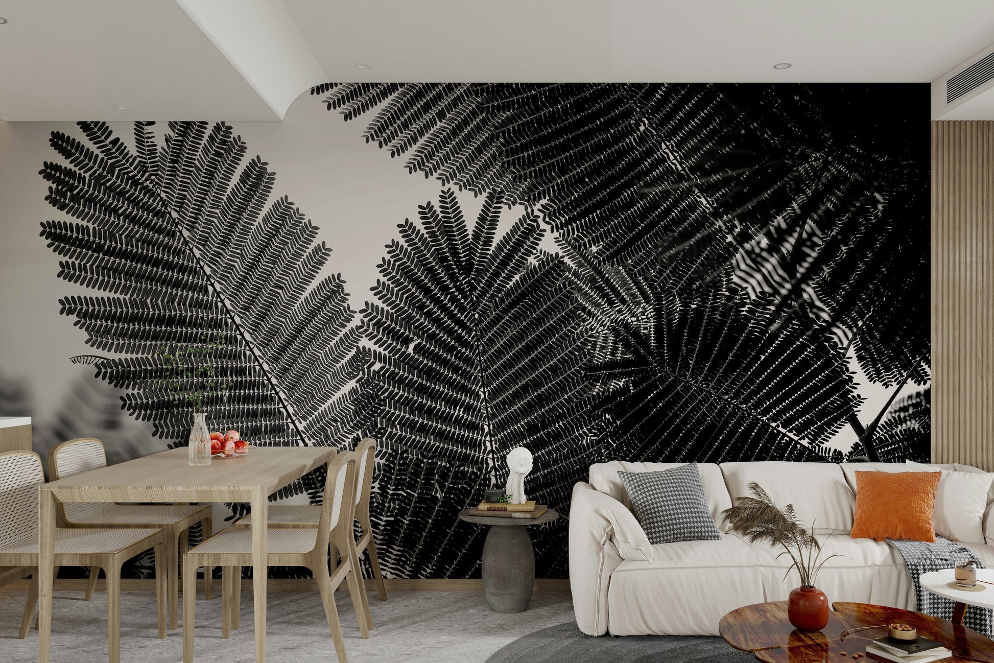 A graceful subtle geometric wall mural in cool, natural tones.

