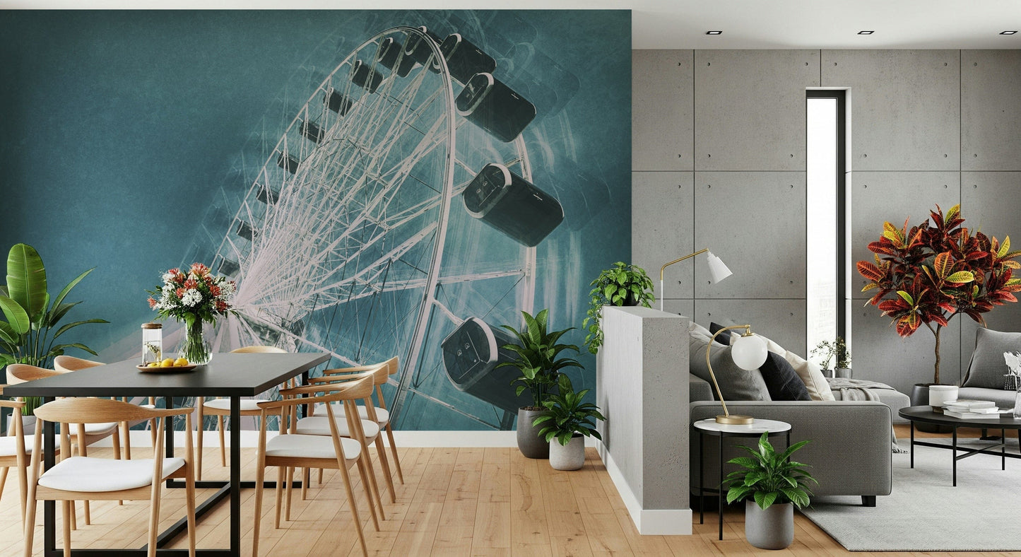 Wall mural featuring a Ferris wheel with clouds and serene sky backdrop.