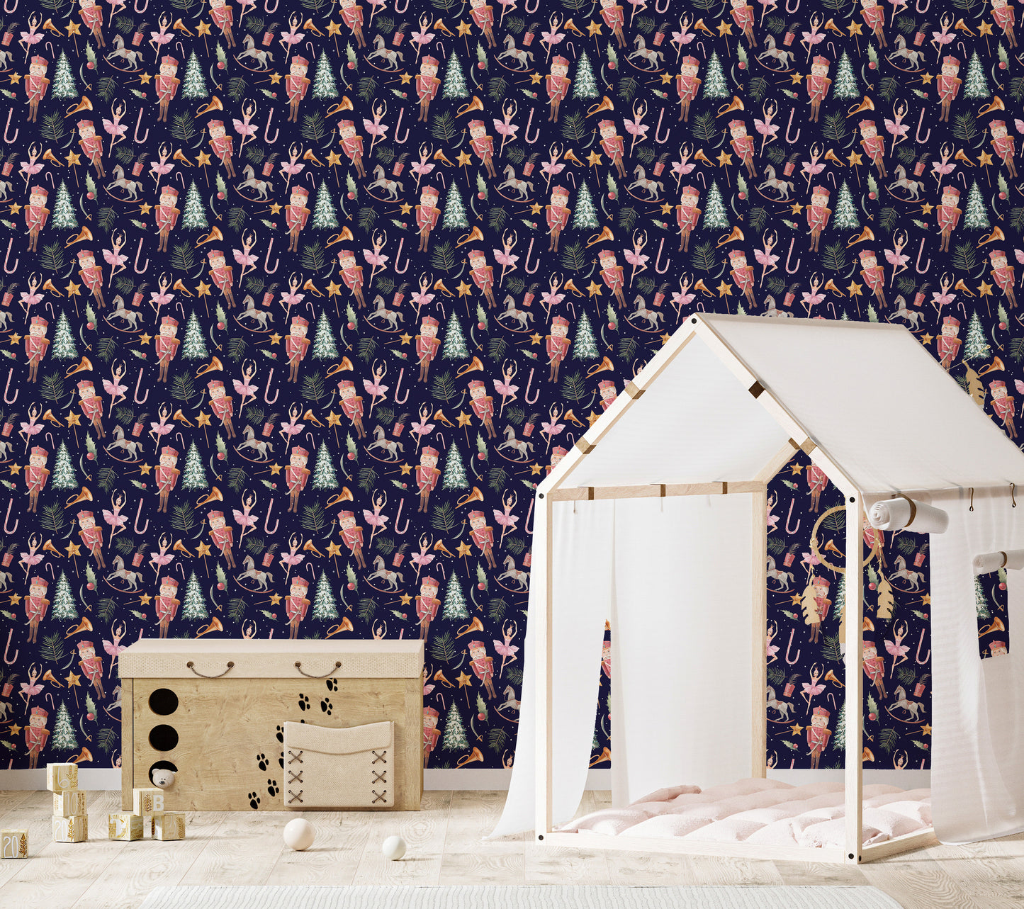 Festive wallpaper featuring dancing dolls
