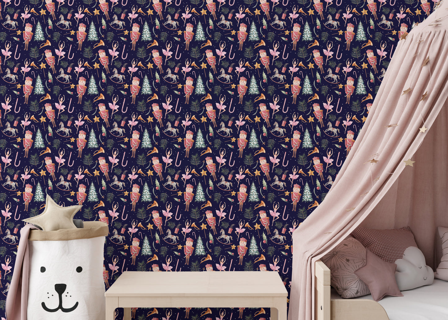 Festive holiday wallpaper with dolls
