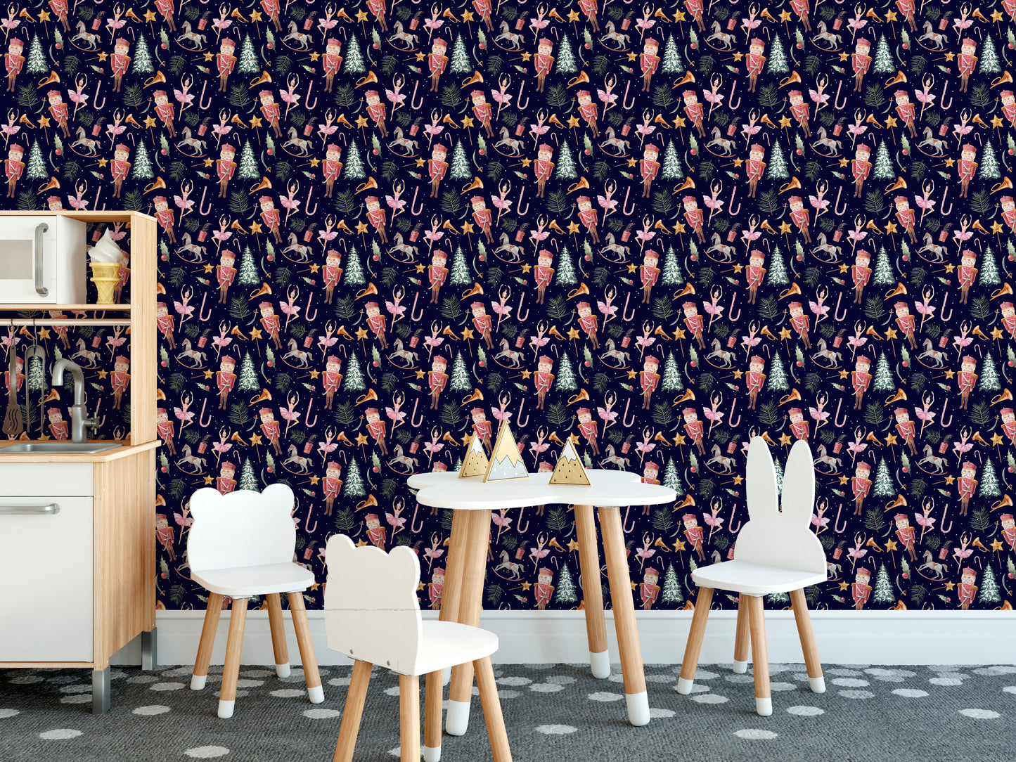 Christmas wallpaper with playful dolls
