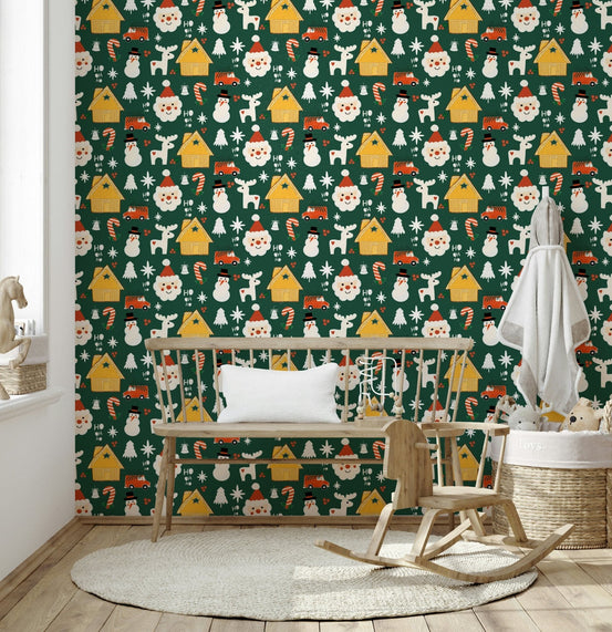 A charming Christmas wallpaper showcasing repeating winter motifs including Santa, trees, and reindeer.
