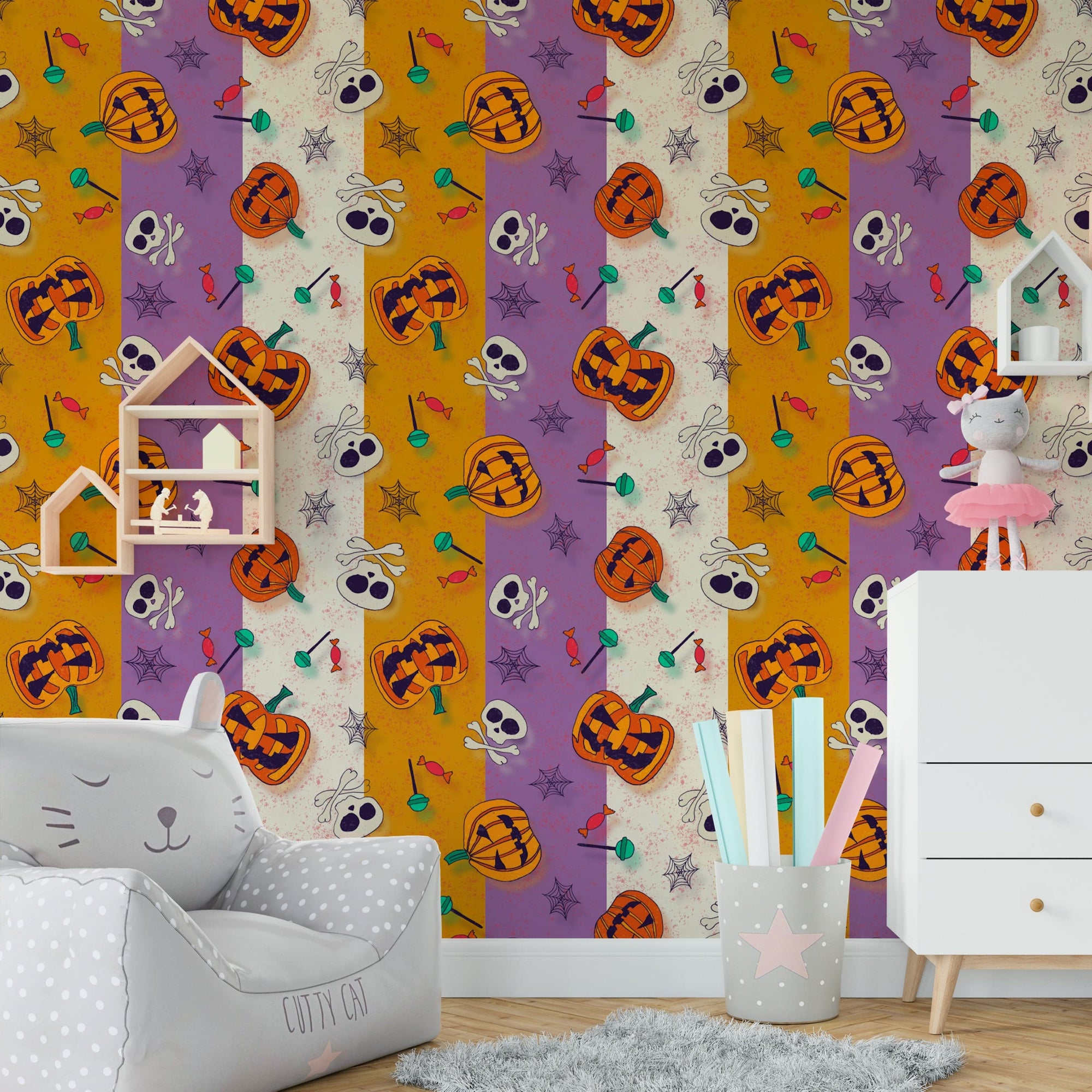 Hallway home décor with a repeatable pattern of autumn leaves and ghosts.