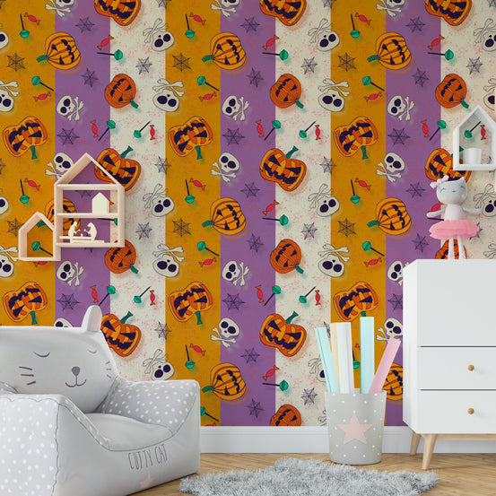 Hallway home décor with a repeatable pattern of autumn leaves and ghosts.