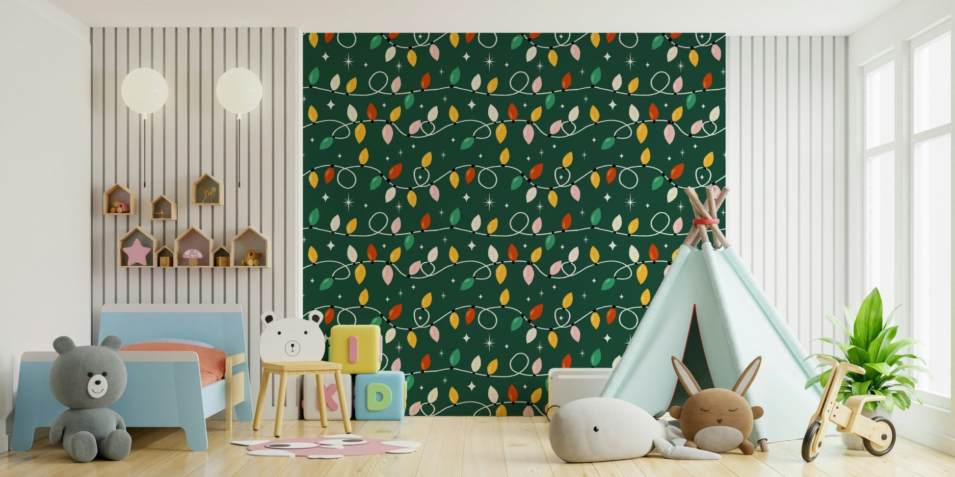 A festive lights pattern wallpaper featuring colorful string lights on a deep green background.
