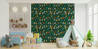 A festive lights pattern wallpaper featuring colorful string lights on a deep green background.