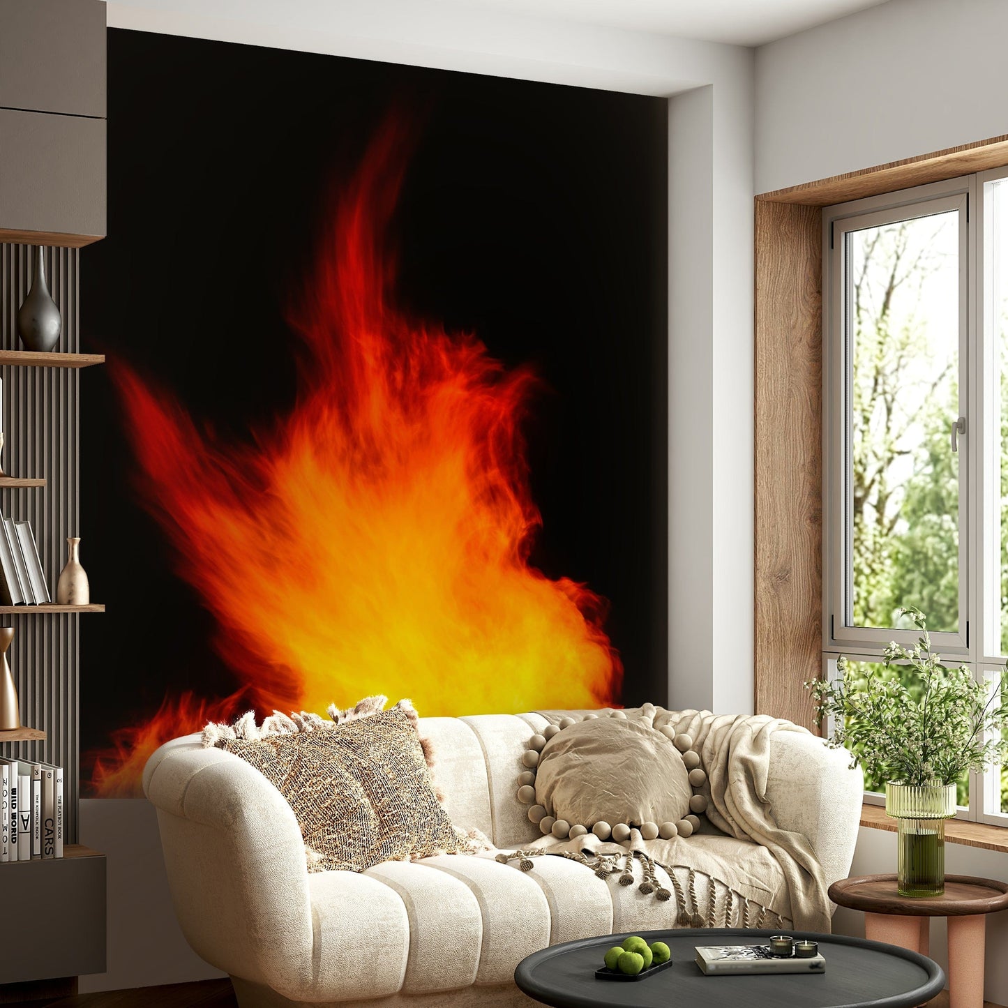 An artistic cultural theme mural on minimalist wallpaper.

