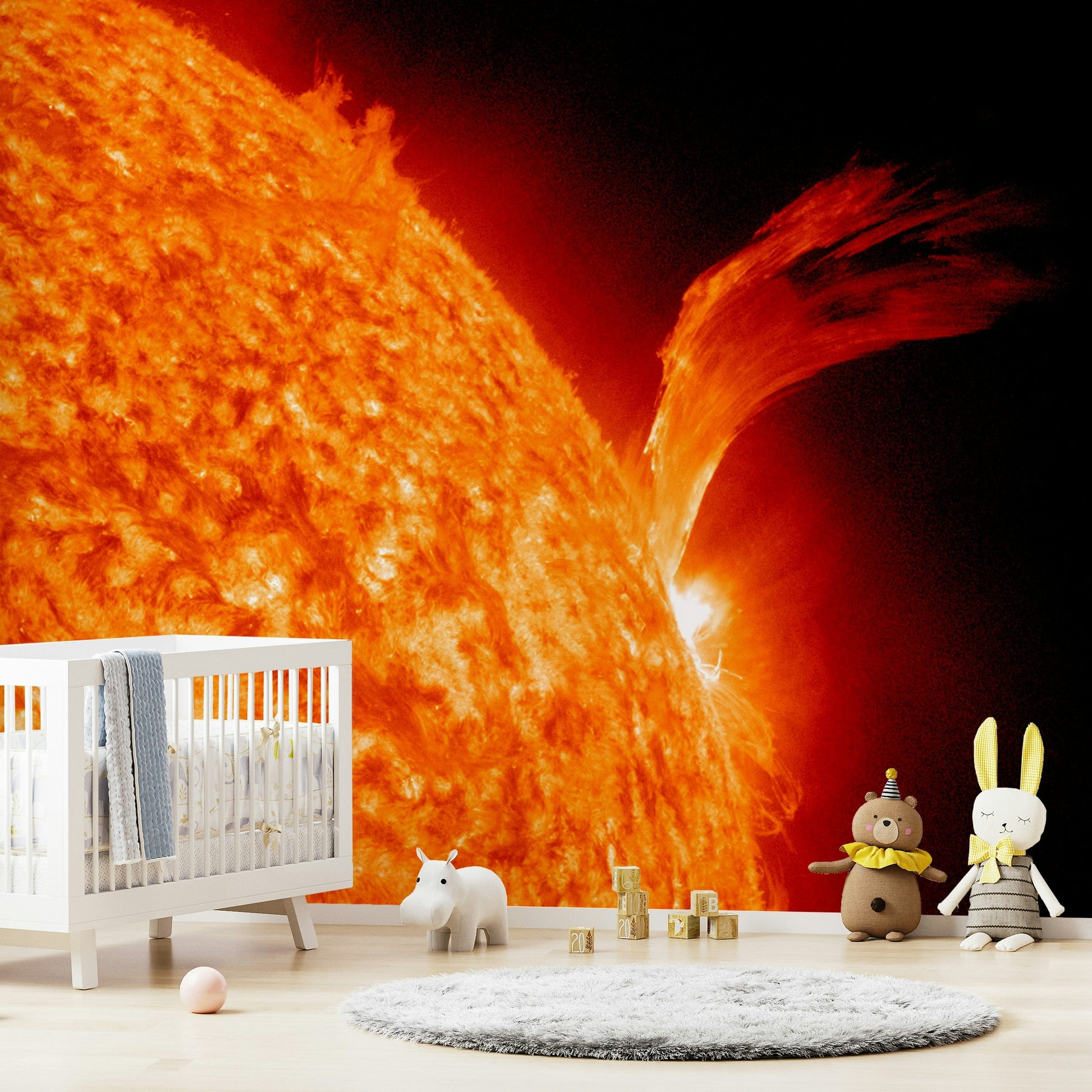 Abstract red and orange wall mural in a modern living room