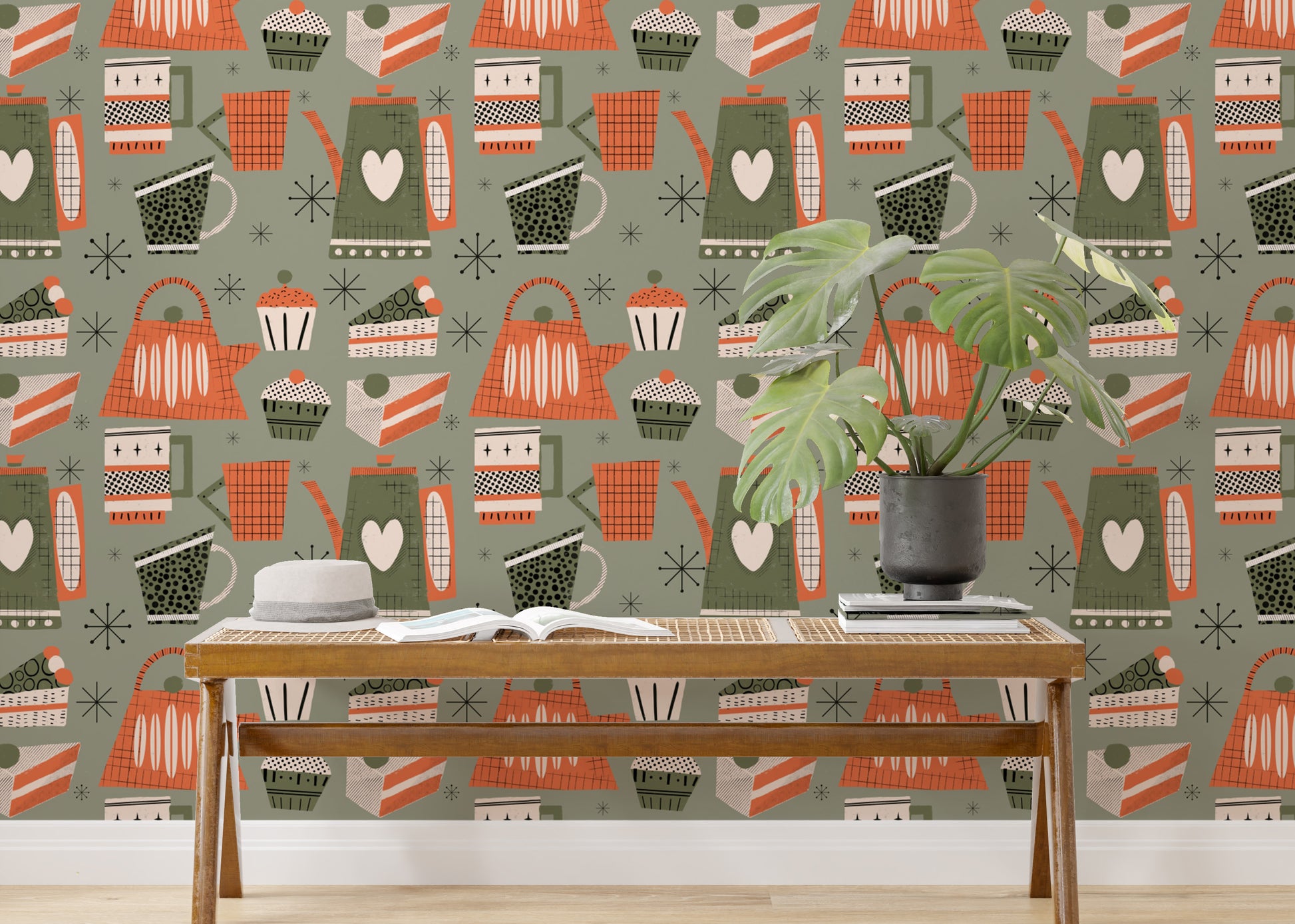 Green retro wallpaper for coffee-themed decor
