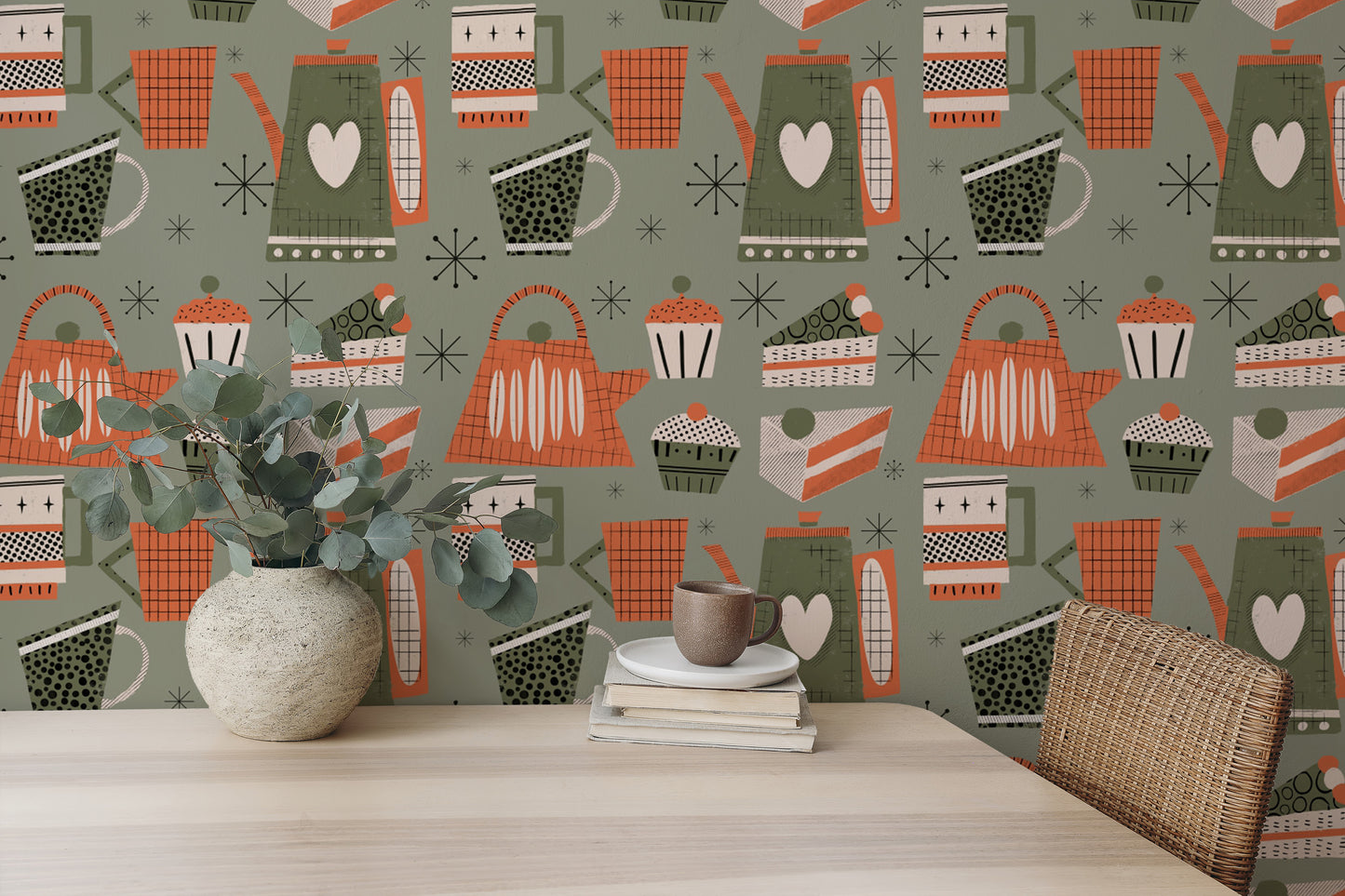 Scandinavian green wallpaper with cups and pots
