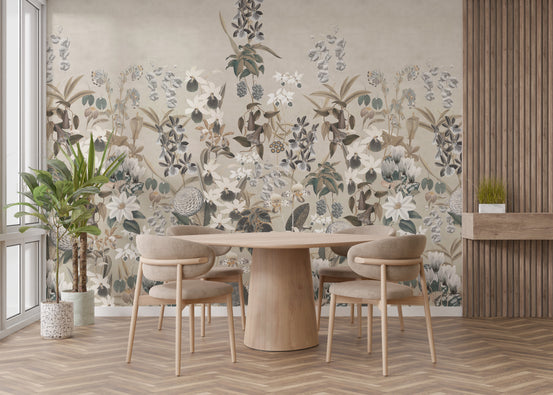 Vintage Bloom wallpaper with beige botanical florals and white lilies behind a round wood dining table and chairs