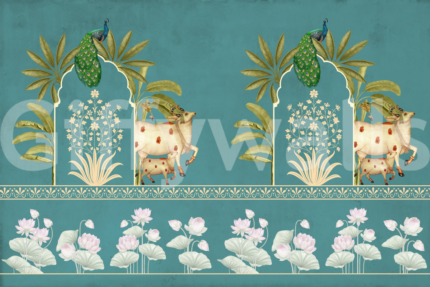 Entryway feature wall mural, Firoza Pichwai design in aqua and cream, modern wall decor for small spaces