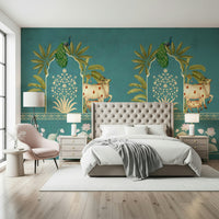 Reading corner mural, turquoise pichwai pattern on light base, calm accent wall in modern apartment