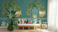 Hallway wall decor mural, traditional motifs in turquoise with beige accents, bright modern entry space