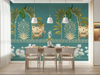 Home office wall mural with pichwai artwork, soft turquoise background and warm neutrals, clean desk backdrop