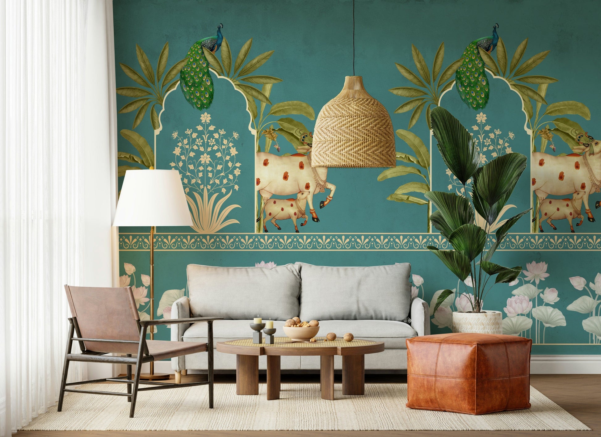 Firoza Pichwai wall mural in modern living room, turquoise and beige tones, feature wall behind sofa