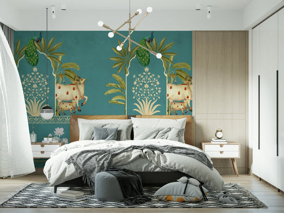 Living room accent wall mural, ornate pichwai pattern in turquoise and gold accents, modern furniture styling