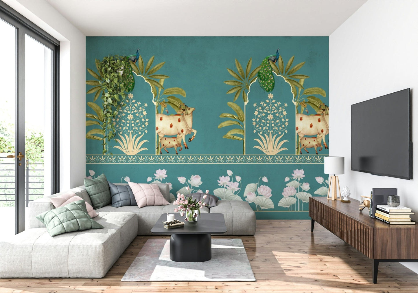 Firoza Pichwai mural in apartment dining area, detailed heritage art in aqua and cream, statement wall decor