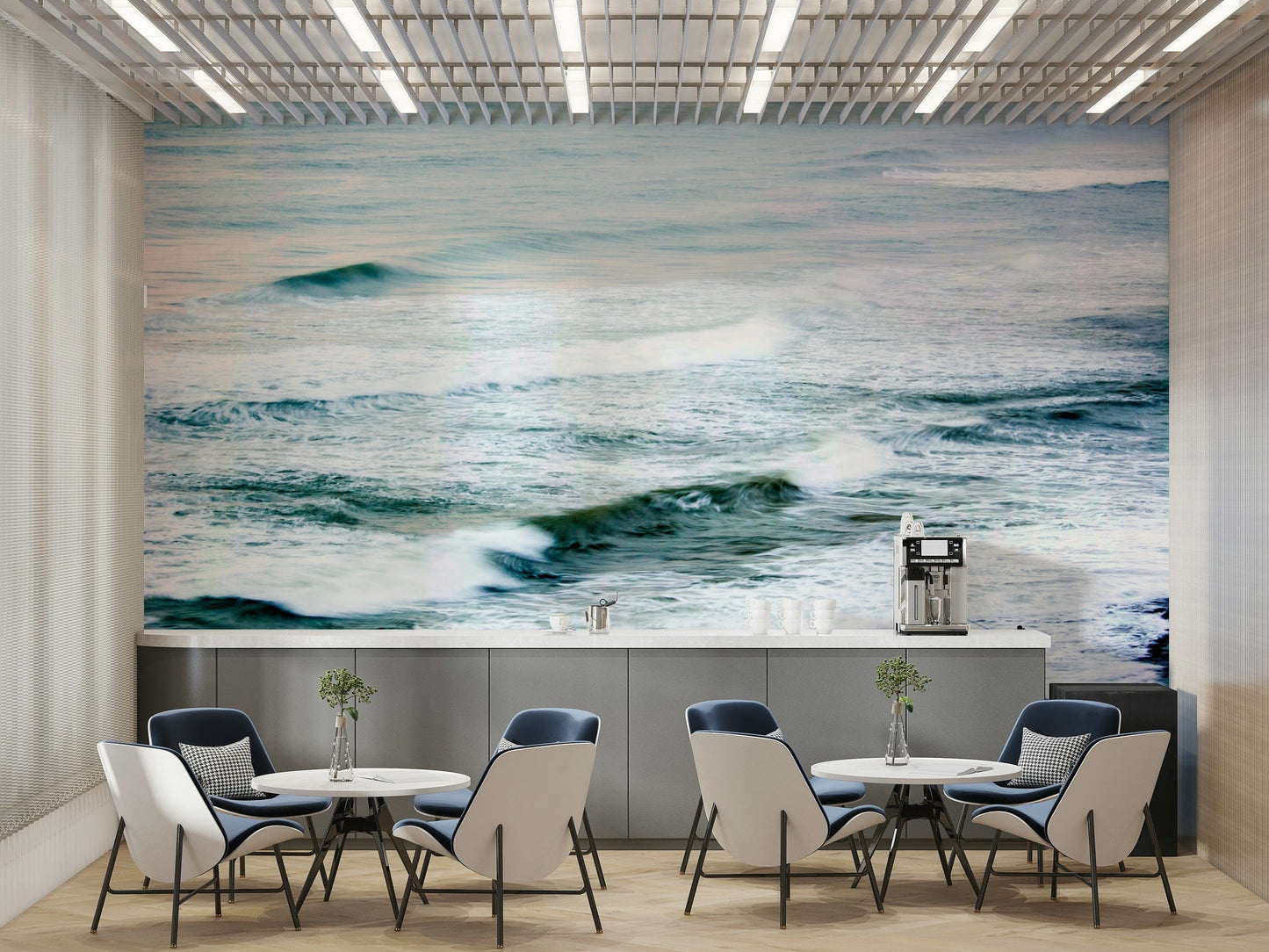 A calming water movement wallpaper mural that defines a space.

