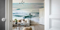 A peaceful open ocean mural on decorative wallpaper.

