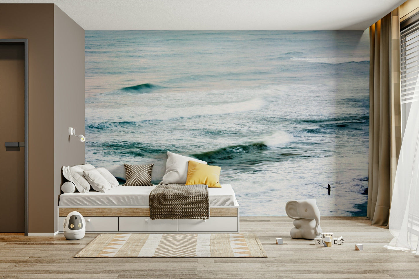 A graceful subtle sea view wall mural in cool, natural tones.

