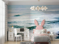 An artistic fisherman scene mural on minimalist wallpaper.

