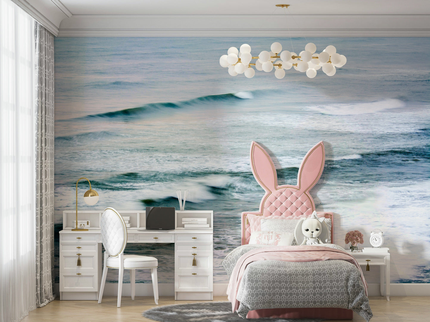A calming water movement wallpaper mural that defines a space.

