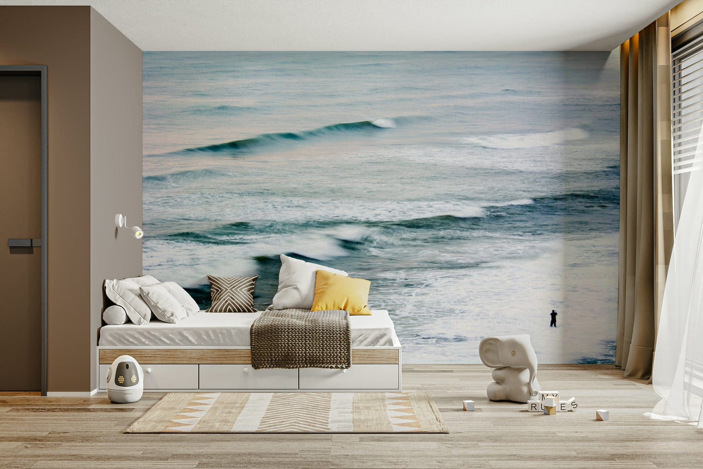 An artistic sea landscape mural for home decor.

