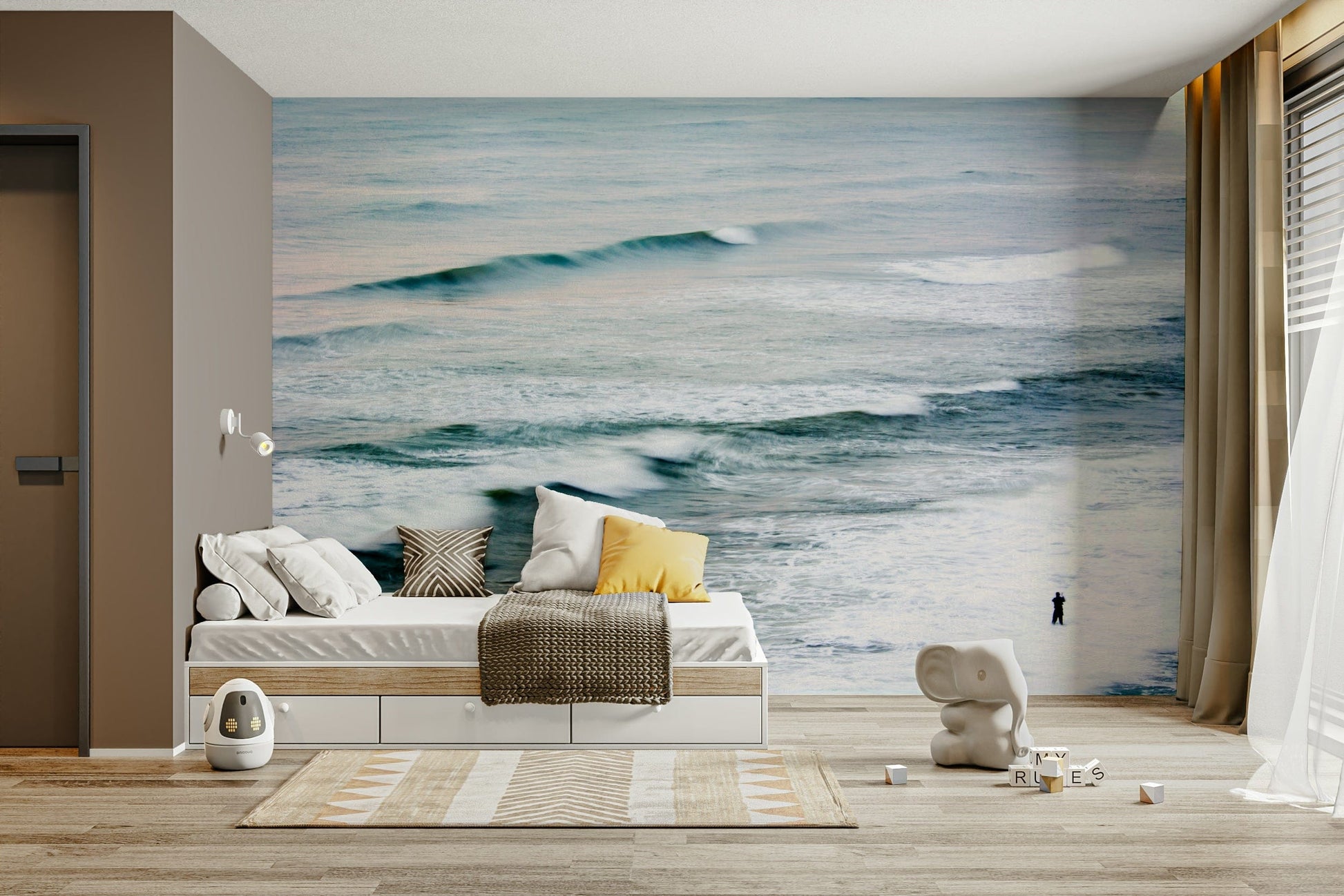 An artistic sea landscape mural for home decor.

