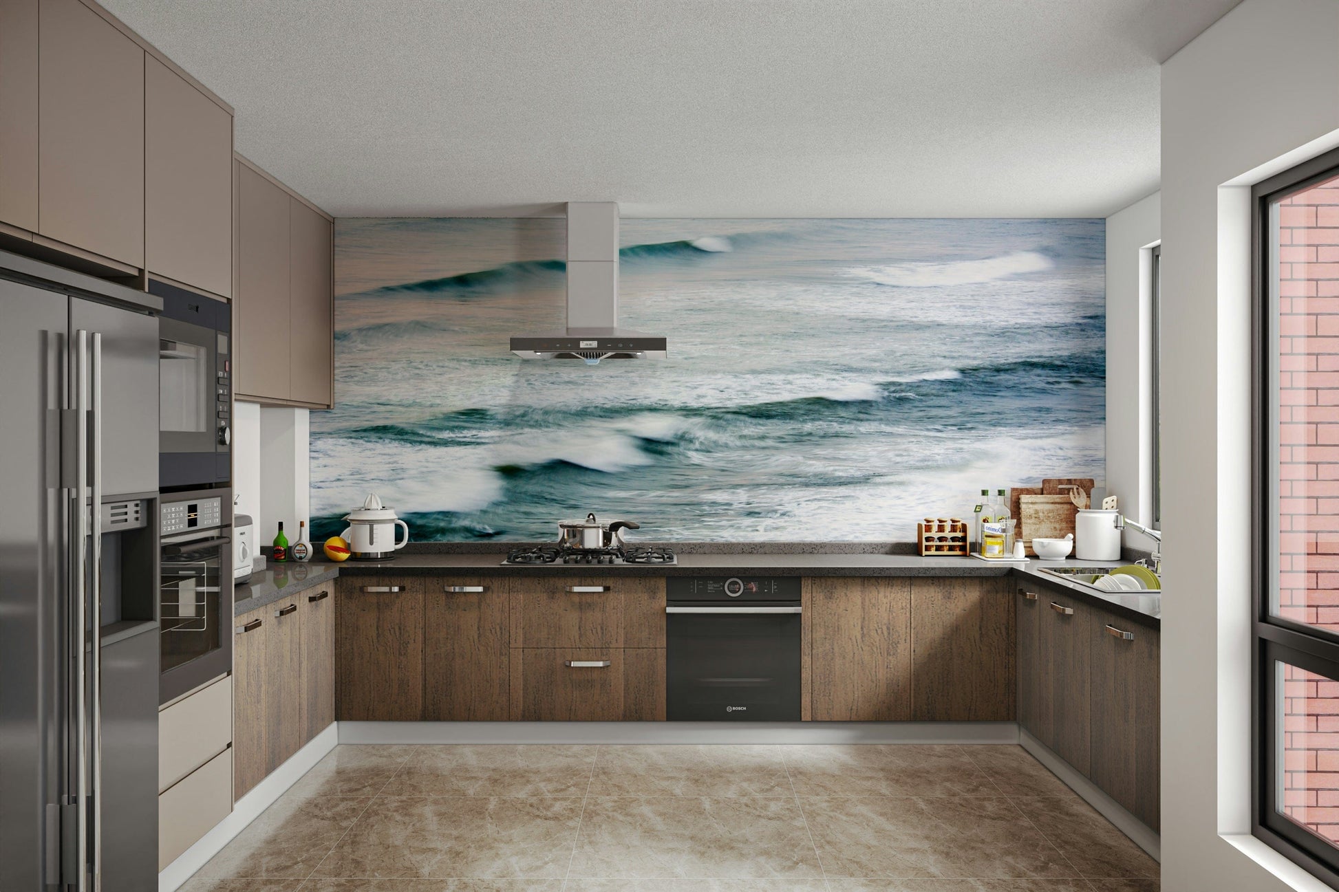 A graceful subtle sea view wall mural in cool, natural tones.


