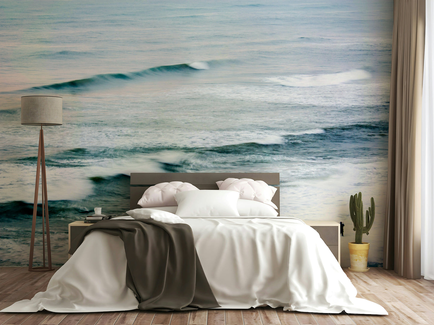 An artistic fisherman scene mural on minimalist wallpaper.


