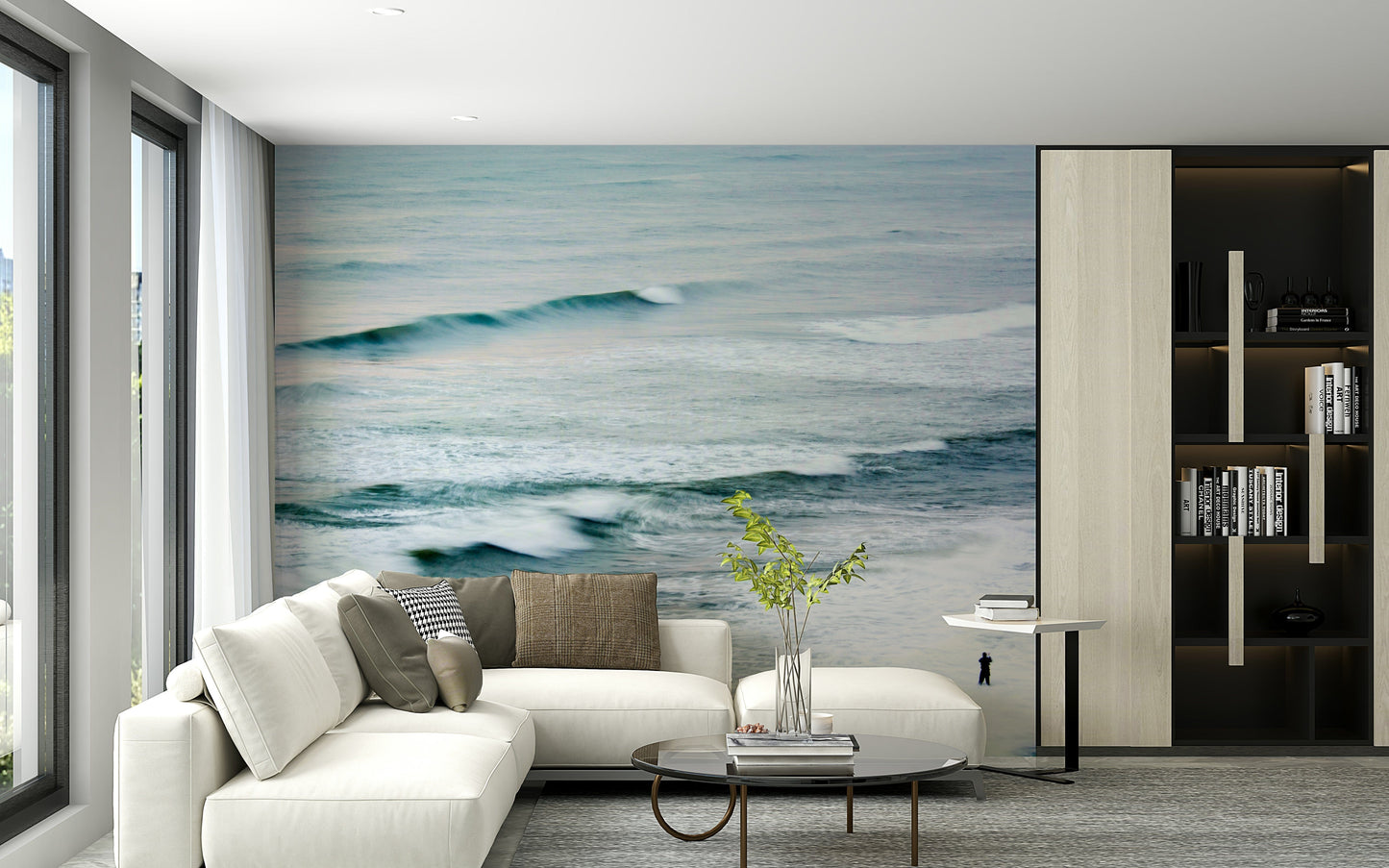 A beautiful solitary fisherman wallpaper mural on the sea.



