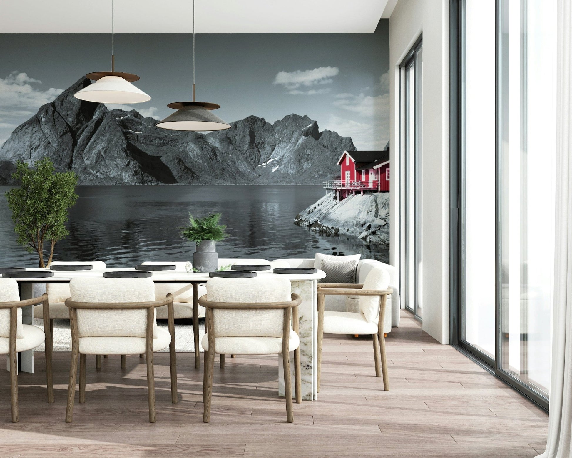 Moody Scandinavian mural featuring imposing stone mountains and a peaceful shoreline home.