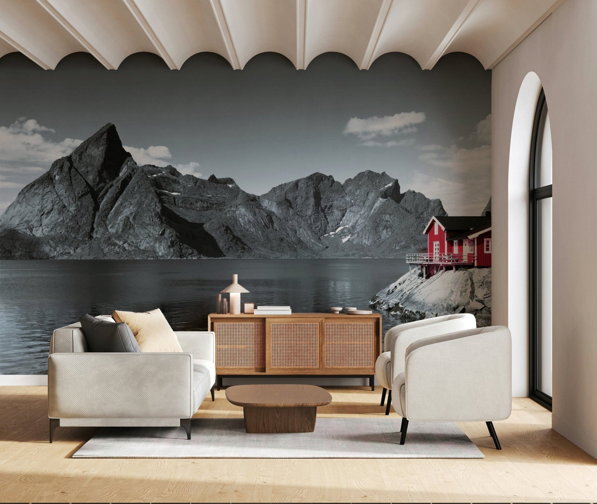 Fjord Home wall mural featuring towering dark mountains rising above a calm fjord with a red cabin on the shore.