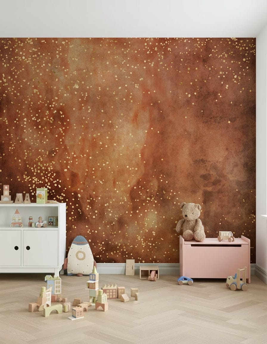 Red and Orange Galaxy Wall Mural – Energetic cosmic scene with radiant light bursts and fiery dust clouds.