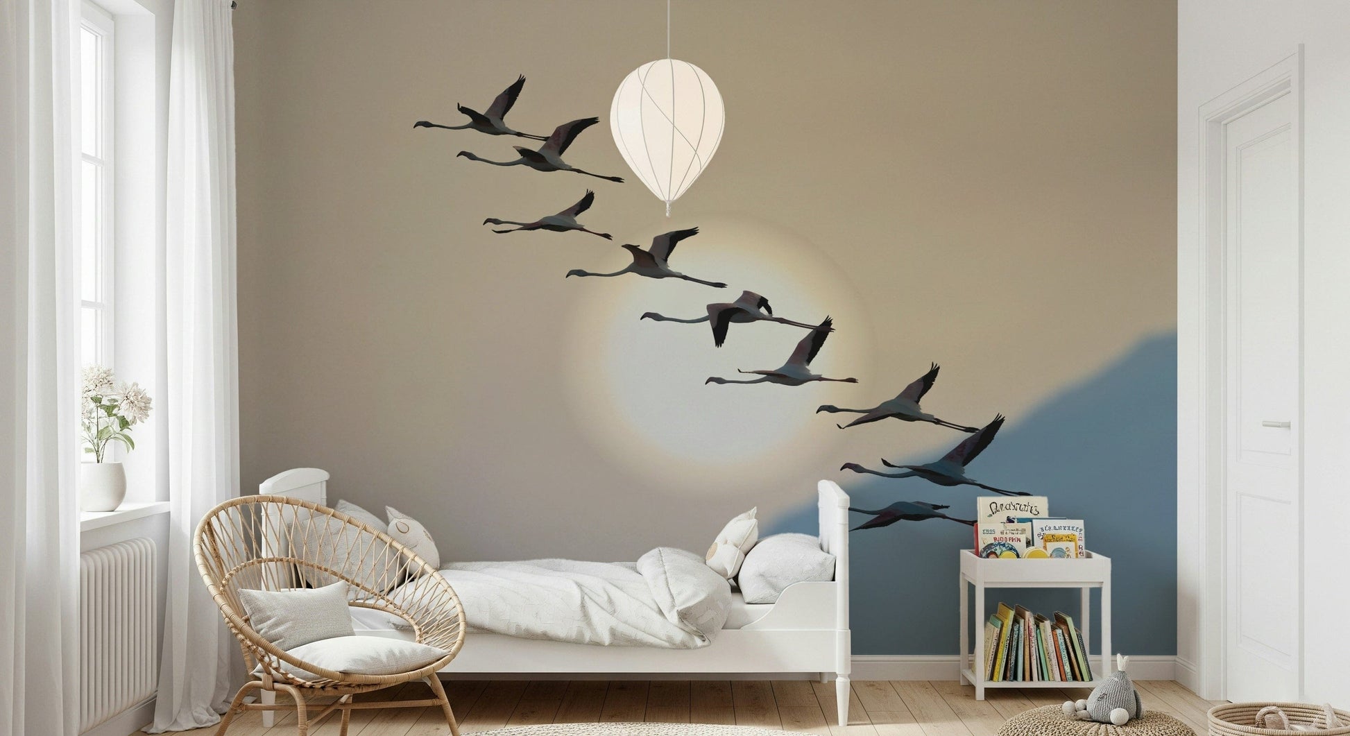 Flamingo Flight at Dusk Wall Mural — elegant, tranquil depiction of flamingos against a dusk sky.