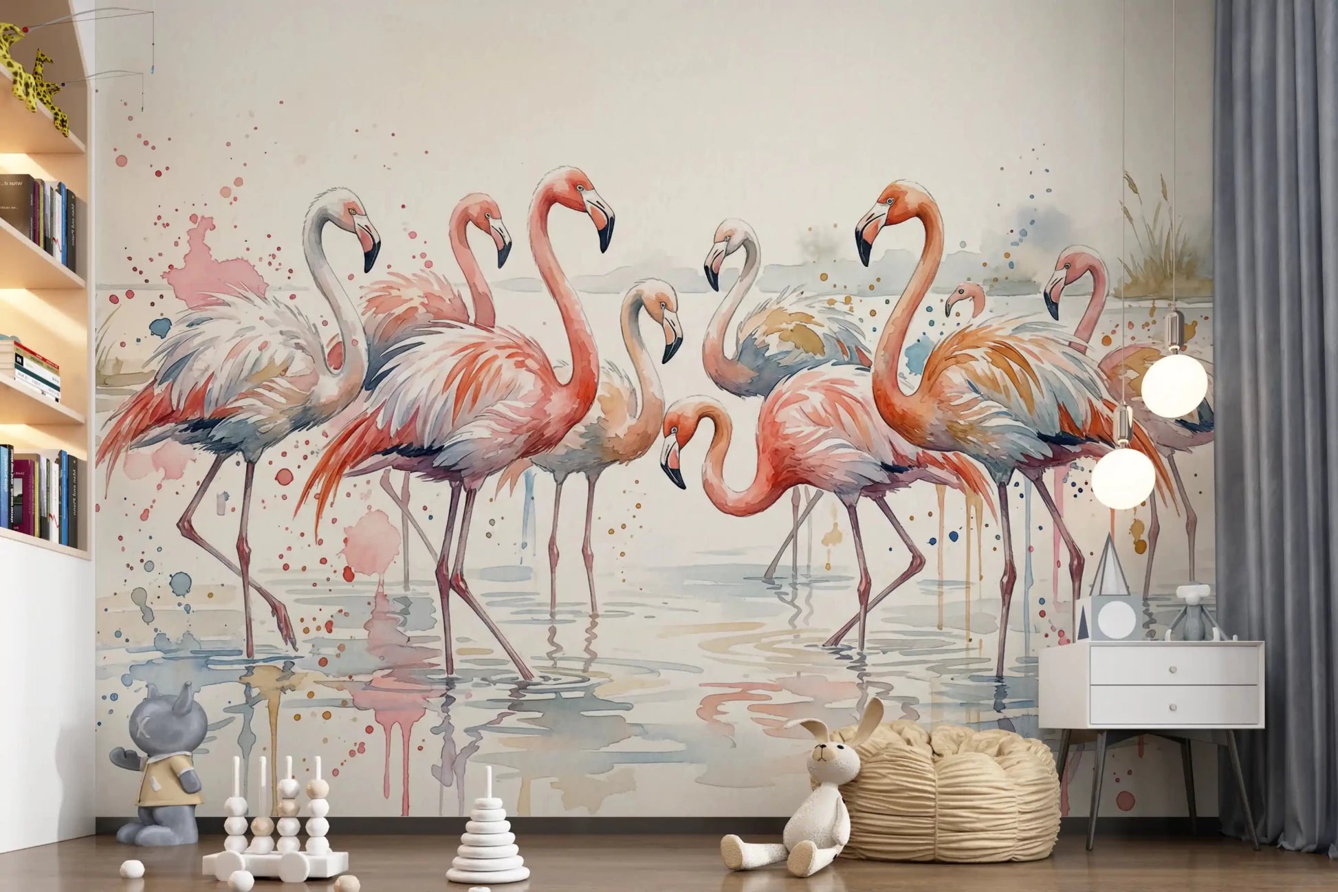 Coastal landscape with birds in Flamingo Lagoon Dream play area Wall Mural.